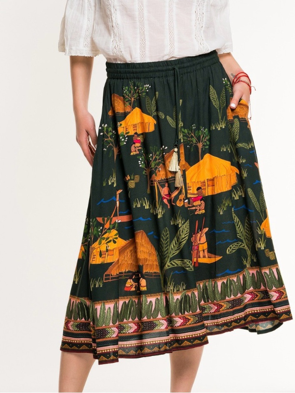 Farm Rio Woman’s Midi Skirt Size S Green Huts People